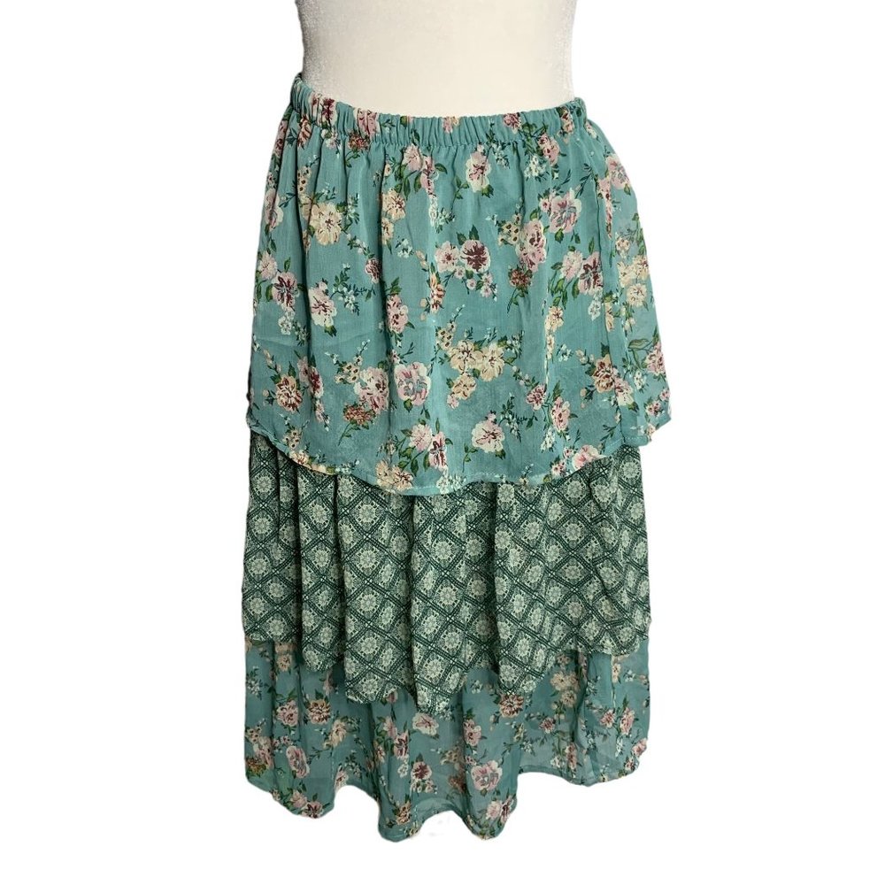 Susan Barry Floral Chiffon Midi Skirt M Green Three Tiered Lined Elastic Waist